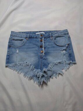 CELEBRITY PINK women DENIM blue BUTTON-FLY distressed SHORT frayed jean SIZE 17